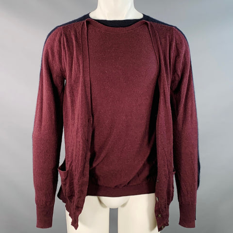 Pull en maille bicolore bleu marine et bordeaux vieilli vintage taille M