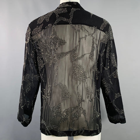 DRIES VAN NOTEN Size S Black Sheer Beaded Hibiscus Floral Viscose Long Sleeve Shirt