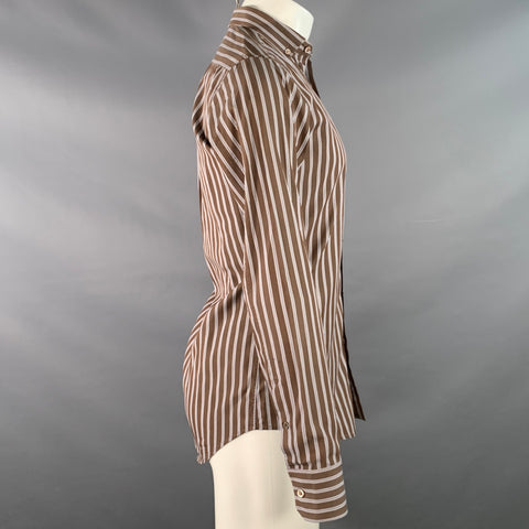 YVES SAINT LAURENT Size S Brown Navy White Stripe Button Down Collar Cotton Long Sleeve Shirt