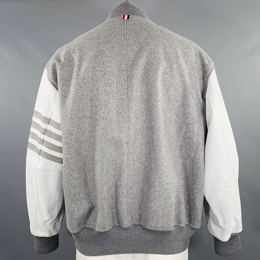 THOM BROWNE Size XL Grey White Mixed Materials Wool Varsity Jacket