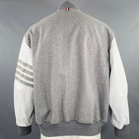 THOM BROWNE Size XL Grey White Mixed Materials Wool Varsity Jacket