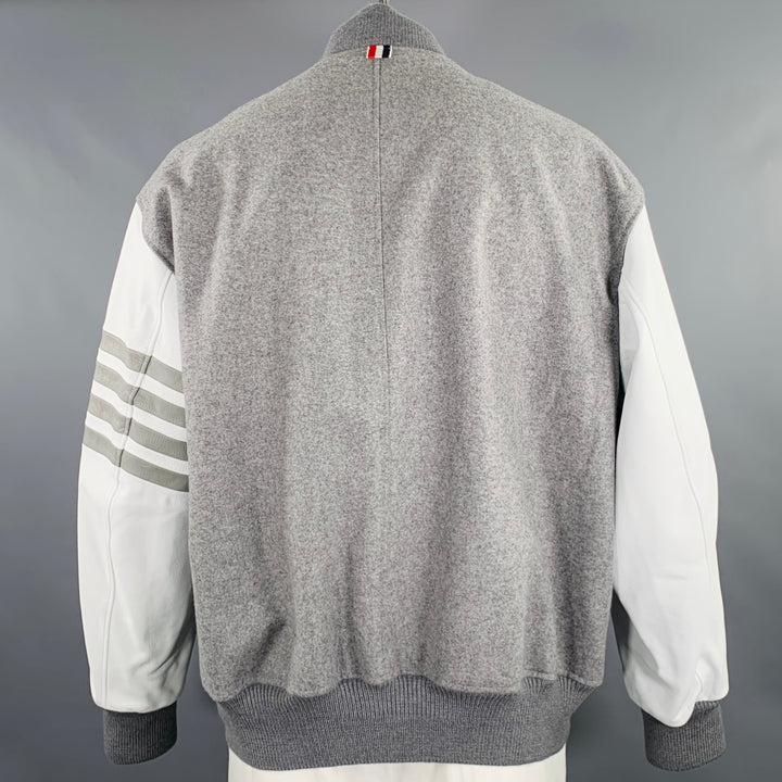 THOM BROWNE Size XL Grey White Mixed Materials Wool Varsity Jacket