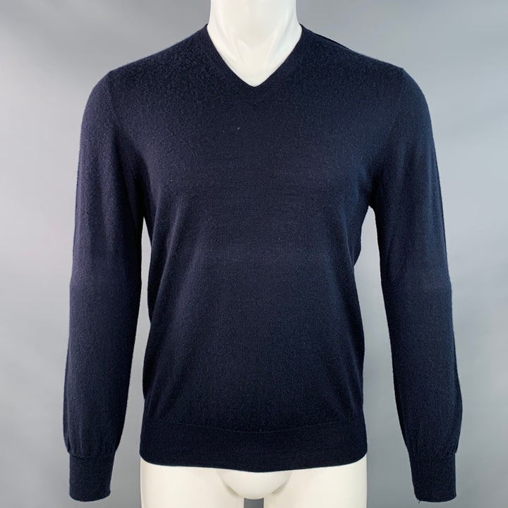 LANVIN Size M Navy Cashmere Reverse Seams V-Neck Pullover