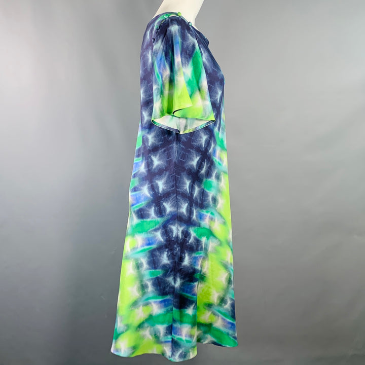 PRABAL GURUNG Size 6 Blue Green Silk Tie Dye Asymmetrical Batwing Midi Dress