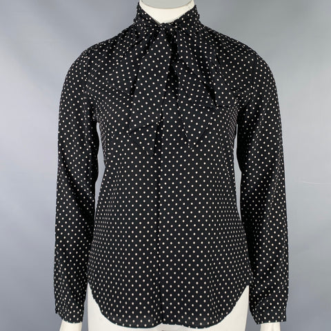 RALPH LAUREN Size 10 Black White Silk Polka Dot Bow Blouse