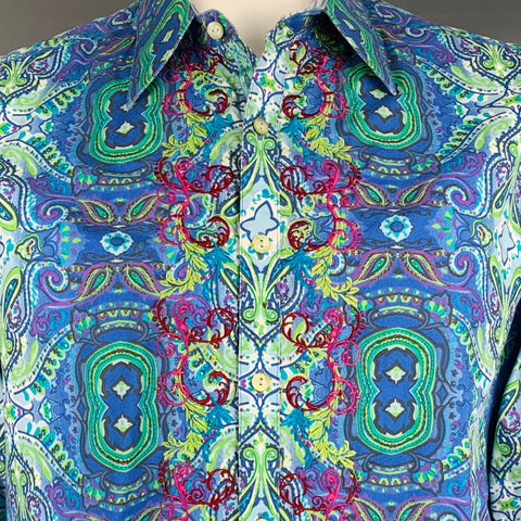 ROBERT GRAHAM Size L Blue Green Print Cotton Button Up Long Sleeve Shirt