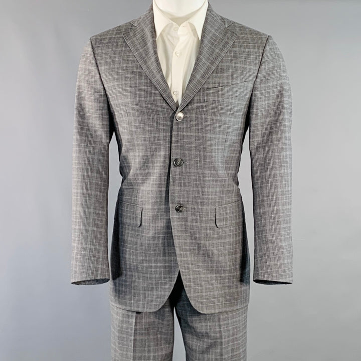 EIDOS Size 38 Regular Grey Charcoal Plaid Wool Notch Lapel Suit