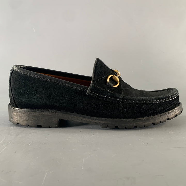 GUCCI Size 7.5 Black Gold Suede Horsebit Flats