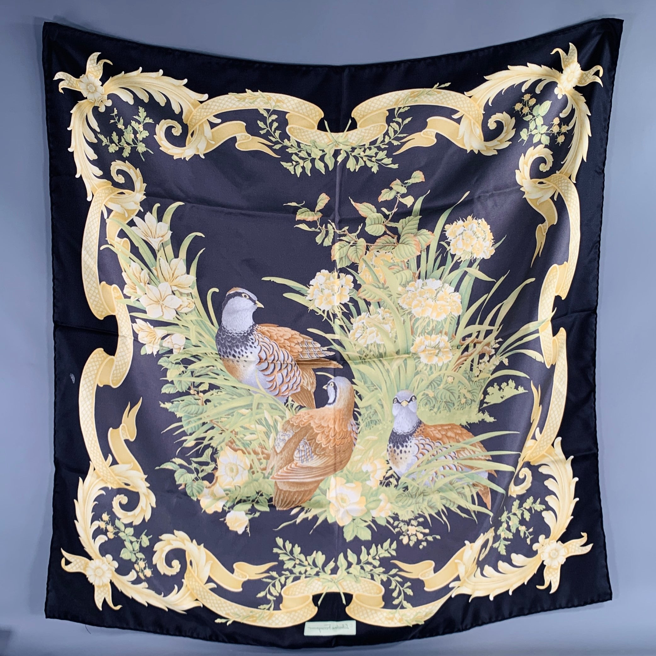 SALVATORE FERRAGAMO Black Yellow Green Birds Silk Scarf – Sui SALVATORE FERRAGAMO Black Yellow Green Birds Silk Scarf – Sui