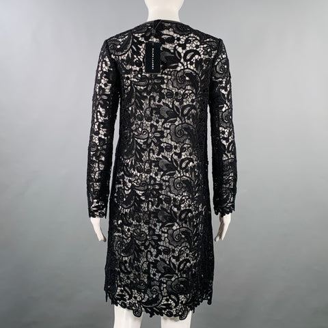 RALPH LAUREN Size 4 Black Cotton Lace Leather Trim Open Front Coat