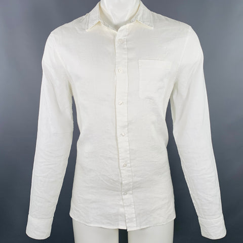 VINCE Size M White Linen One Pocket Long Sleeve Shirt