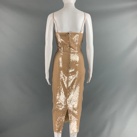 DAVID KOMA Vestido de cóctel con tirantes finos de malla nude beige talla 6