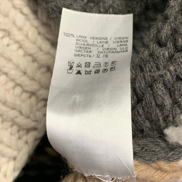 BARENA Size XL Grey Tan Brown Patchwork Virgin Wool Shawl Collar Cardigan