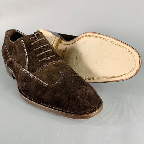GIORGIO ARMANI Size 8 Brown Textured Suede Wingtip Lace-Up Shoes