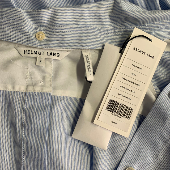 HELMUT LANG Size L Blue White Cotton Stripe Contrast Trim Tuxedo Shirt