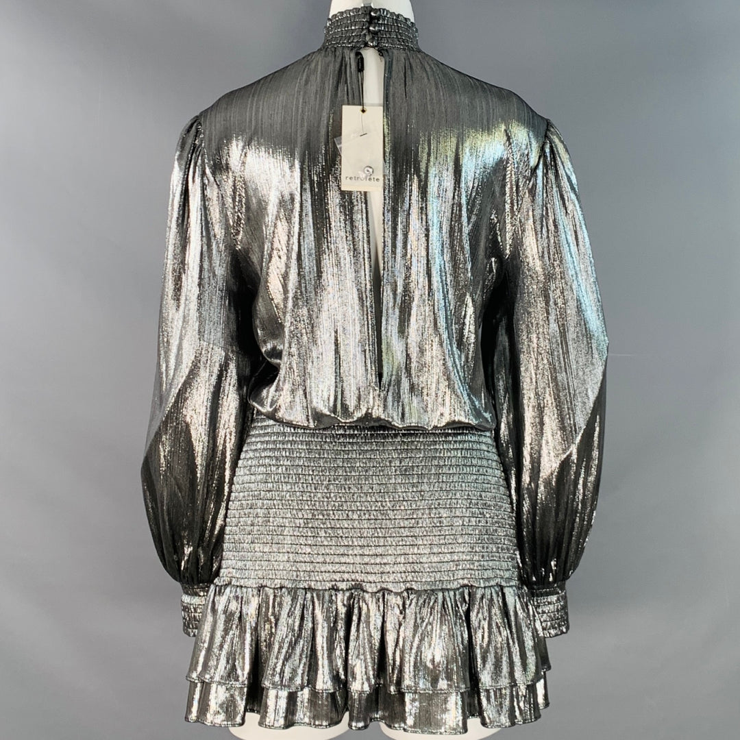 RETROFETE Size XS Piper Black Metallic Silver Polyester Blend High Neck Long Sleeve Mini Dress