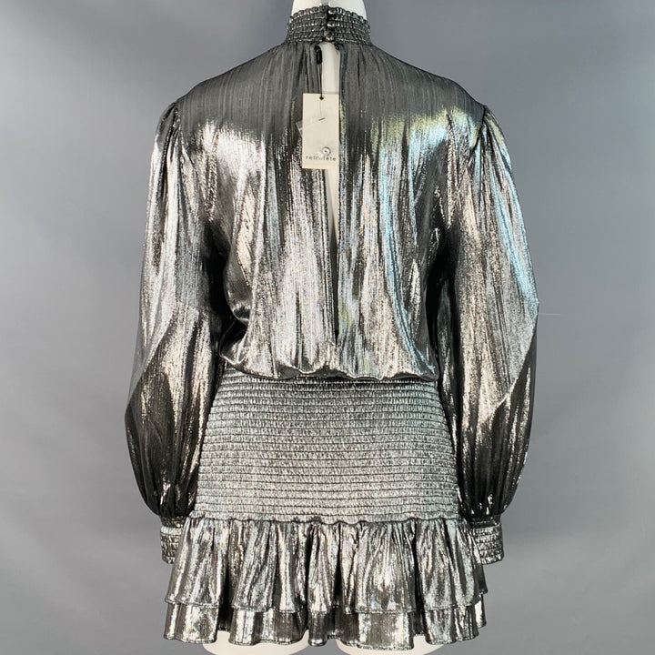 RETROFETE Size XS Piper Black Metallic Silver Polyester Blend High Neck Long Sleeve Mini Dress