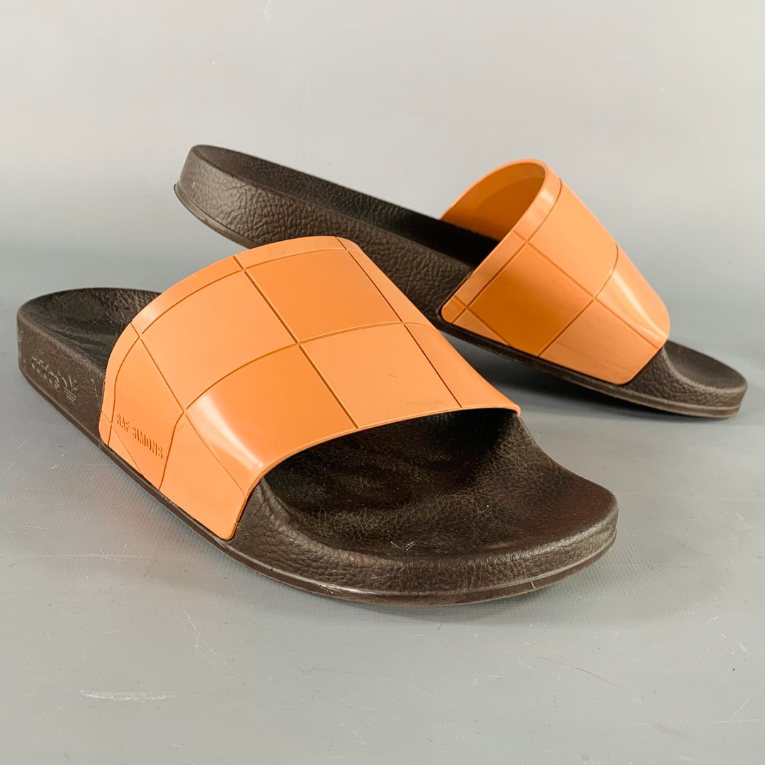 RAF SIMONS Size 10 Tan Black Checkered Rubber Slide Sandals