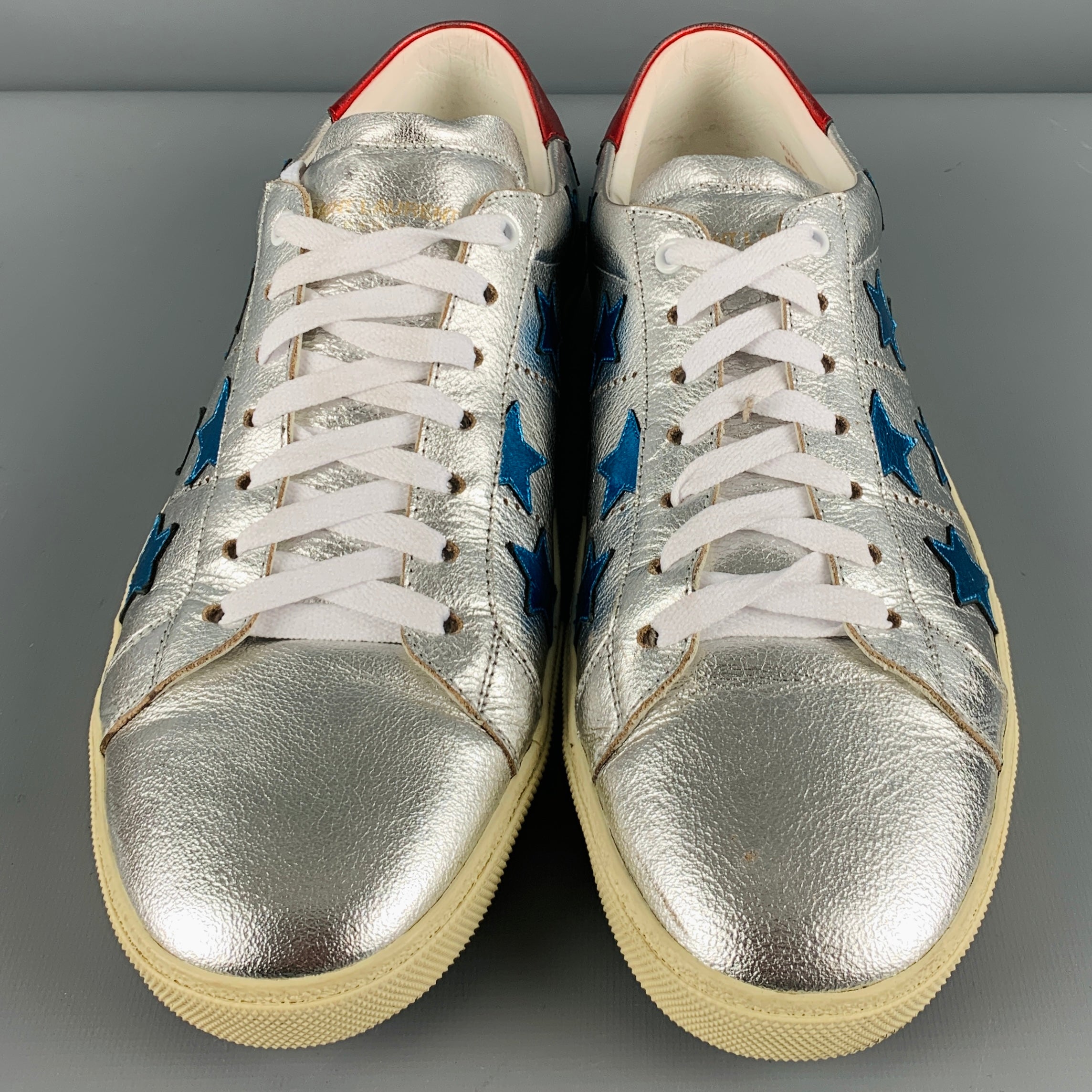 SAINT LAURENT Size 11 Silver Blue Stars Leather Low Top Sneakers