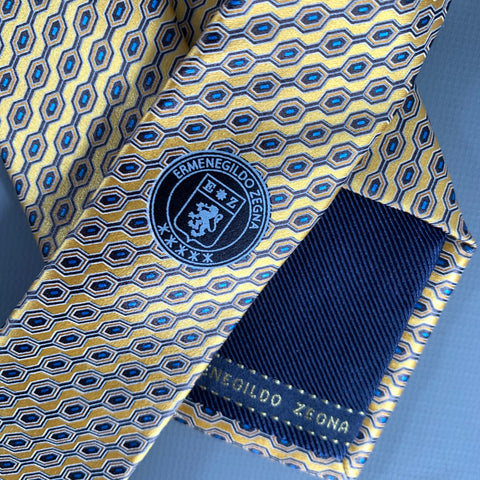 ERMENEGILDO ZEGNA Size Yellow Navy Geometric Silk Tie