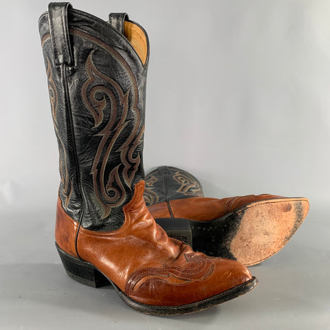 TONY LAMA Size 10 Black Brown Embroidery Leather Boots