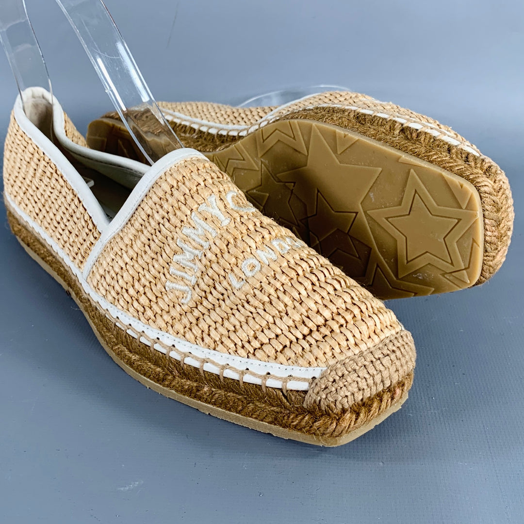 JIMMY CHOO Size 6.5 White Natural Straw Woven Espadrille Flats