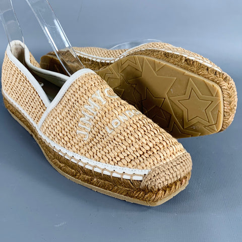 JIMMY CHOO Size 6.5 White Natural Straw Woven Espadrille Flats