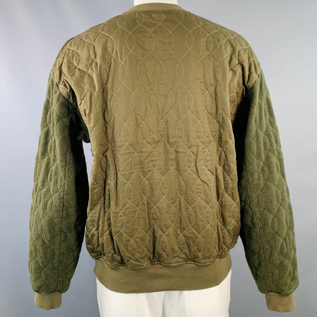 KAPITAL Size XL Olive Green Quilted Cotton Blend Crew Neck Sweatshirt