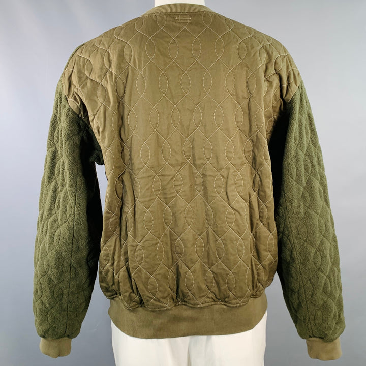 KAPITAL Size XL Olive Green Quilted Cotton Blend Crew Neck Sweatshirt