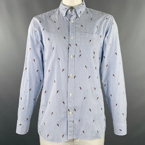ZEGNA Size XL Blue White Stripe Cotton One Pocket Long Sleeve Shirt