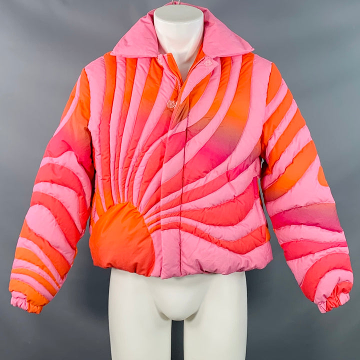 ERL Size S Pink Orange Quilted Sunset Cotton Zip Snaps PufferJacket