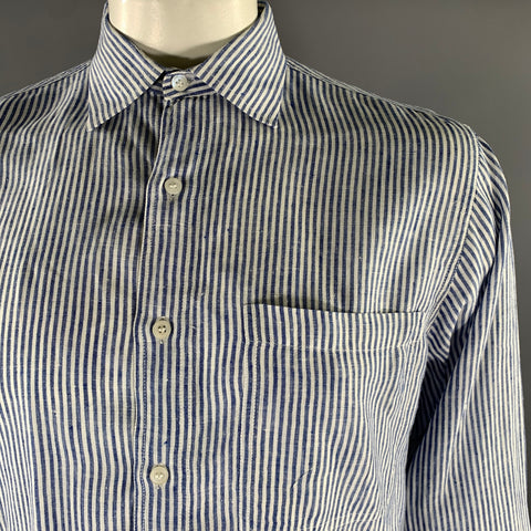 MAHARAJA'S Size XL Blue White Stripe Linen Pointed Collar Long Sleeve Shirt