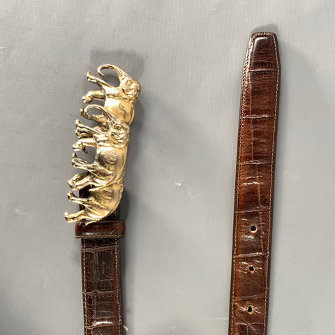 WATHNE Waist Size 24 Brown Gold Alligator Embossed Leather Belt