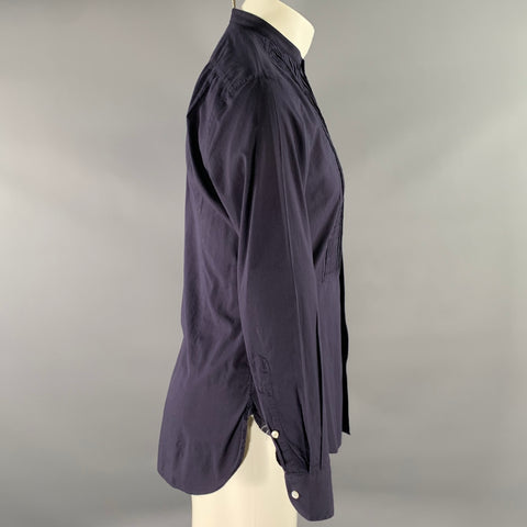 RALPH LAUREN Size S Navy Pleated Cotton Band Collar Long Sleeve Shirt