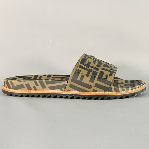 FENDI Size 10 Brown Beige Logo Monogram Acetate Slip On Slide Sandals