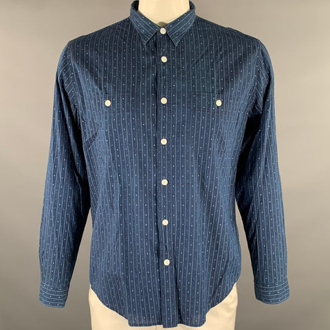 WALLACE & BARNES Size L Navy Mixed Patterns Cotton Lightweight Long Sleeve Shirt
