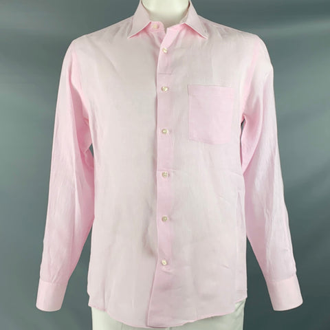 SAKS FIFTH AVENUE Size L Pink Linen Button Up Long Sleeve Shirt