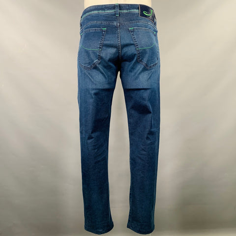 JACOB COHEN Size 34 Blue Green Contrast Stitch Cotton Blend Button Fly Jeans