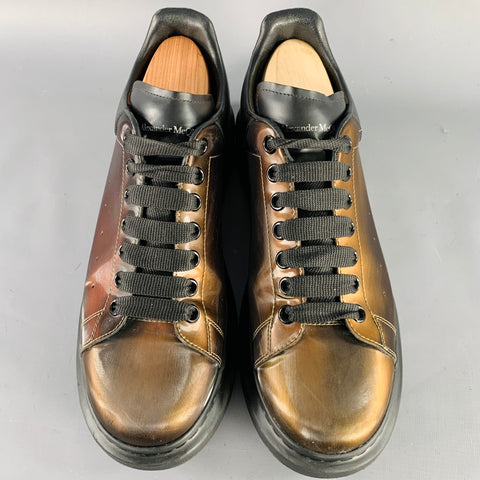 ALEXANDER MCQUEEN Size 11 Black Brown Shimmery Leather Chunky Sole Sneakers