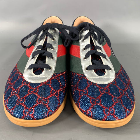 GUCCI Size 14 Blue Red A92738 14 -03H Monogram Lurex Low Top Sneakers