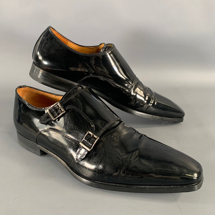 MAGNANNI Size 10 Black Shimmery Patent Leather Monk Strap Loafers