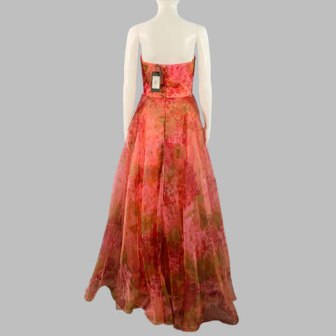 THEIA Size 2 Burgundy Polyester Abstract Floral Strapless Long Evening Gown