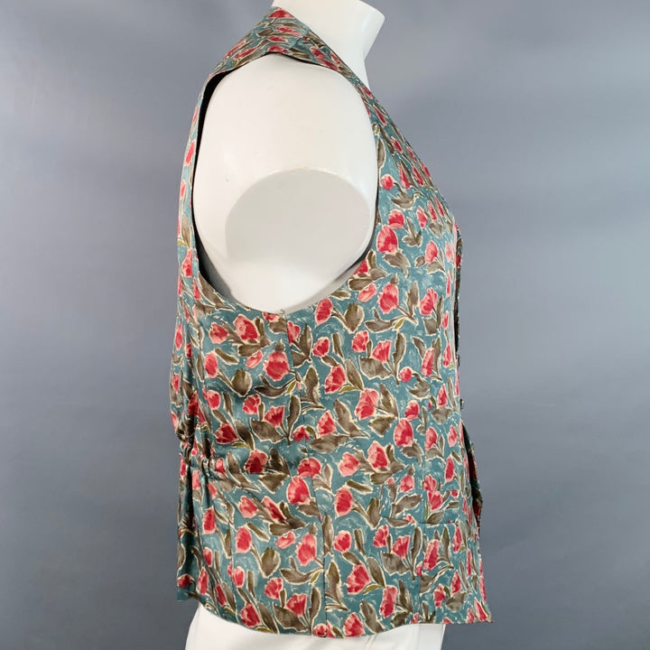 ERMENEGILDO ZEGNA Size L Blue Olive Pink Floral Silk Vest