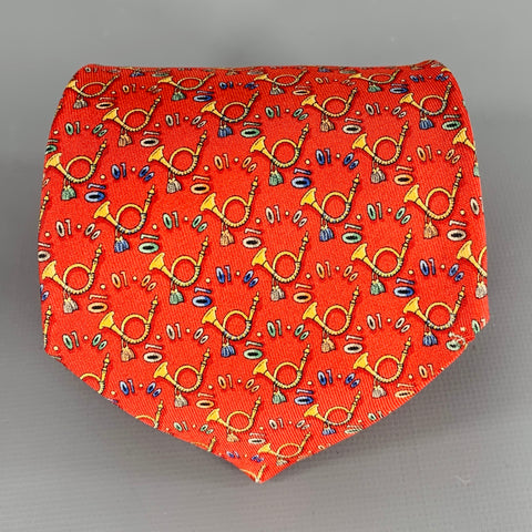 SALVATORE FERRAGAMO Musical Horns Red Yellow Print Silk Tie