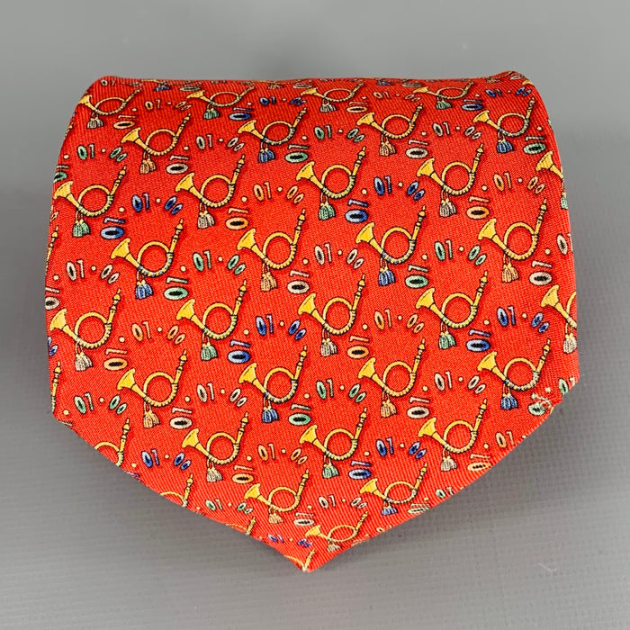 SALVATORE FERRAGAMO Musical Horns Red Yellow Print Silk Tie