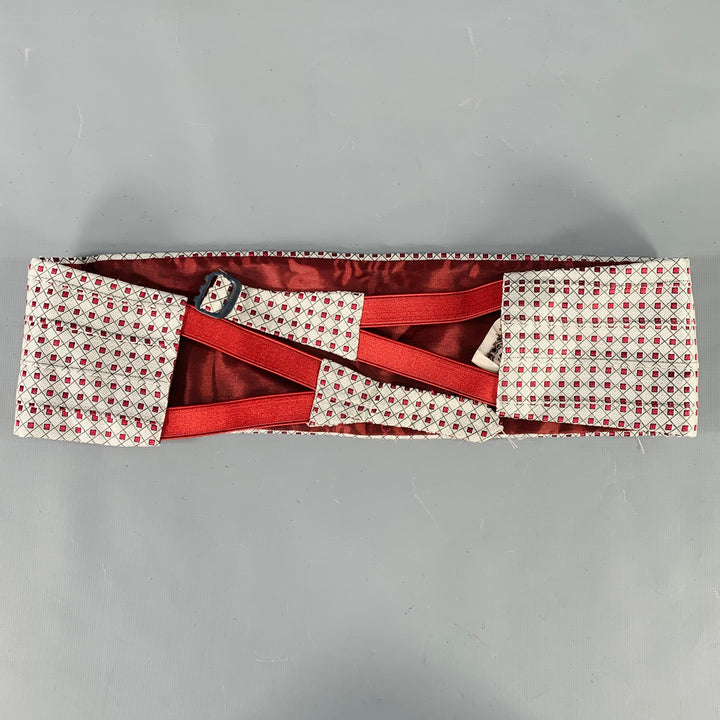 GIANNI VERSACE Silver Burgundy Squares Silk Bow Tie Cummerbund Set