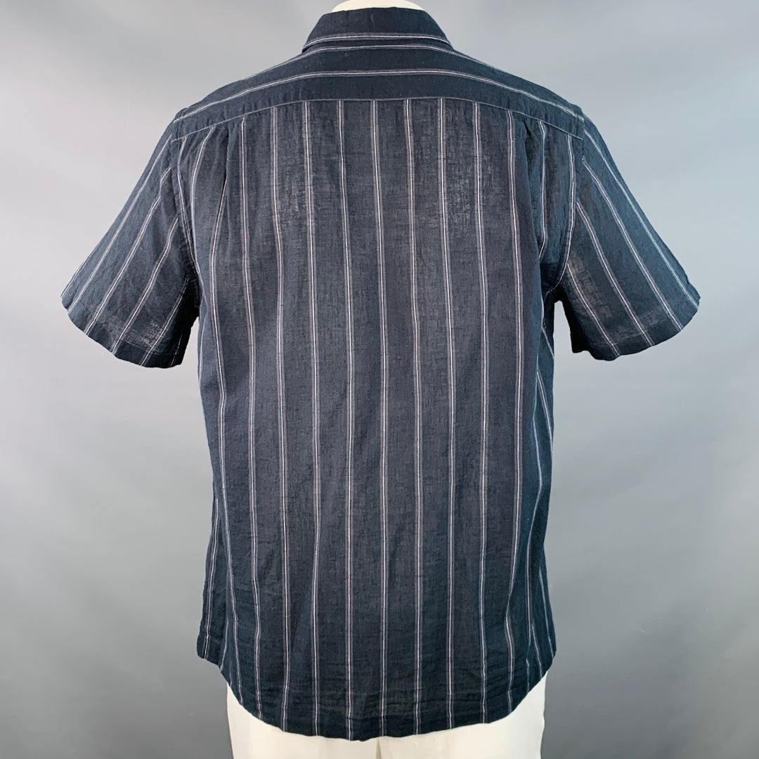 VINCE Size L Black Grey Stripe Linen Cotton Classic Fit One Pocket Short Sleeve Shirt