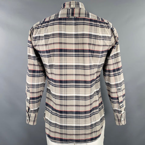 THOM BROWNE Size L Grey Taupe Plaid Cotton One pocket Long Sleeve Shirt