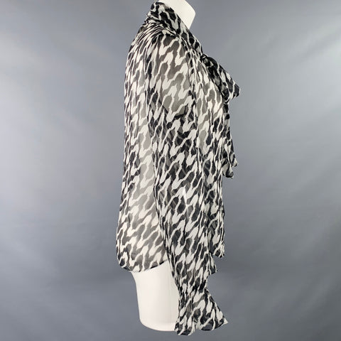 DIANE VON FURSTENBERG Size S Black White Silk Chiffon Marbled Pussybow Blouse