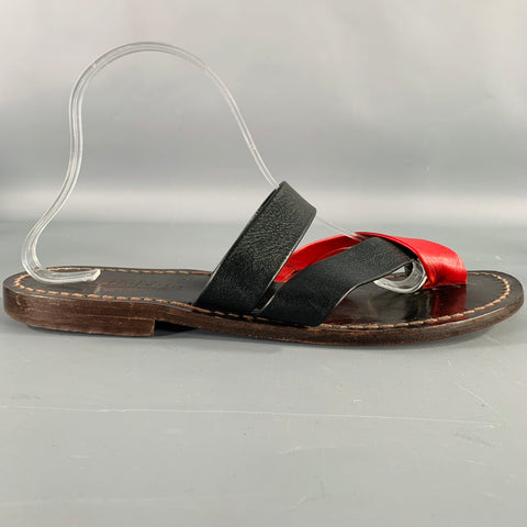 PRELUDIO Size 12 Black Red Leather Strappy Sandals